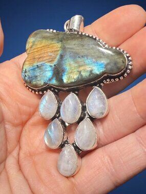 Labradorite Cloud Rain Pendant Moonstone Raindrops Silver 925 Flash 3"